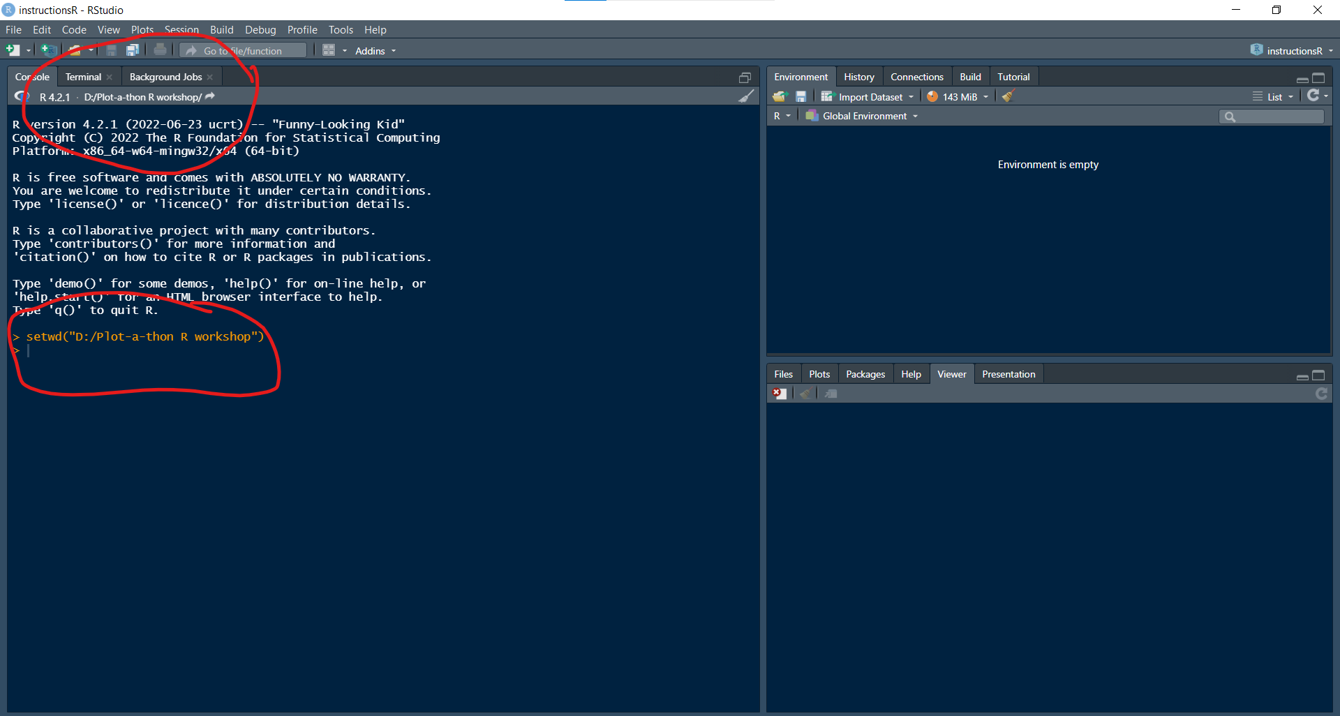 Screenshot of RStudio with the command for changing the working directory and the console indicating what the working directory is