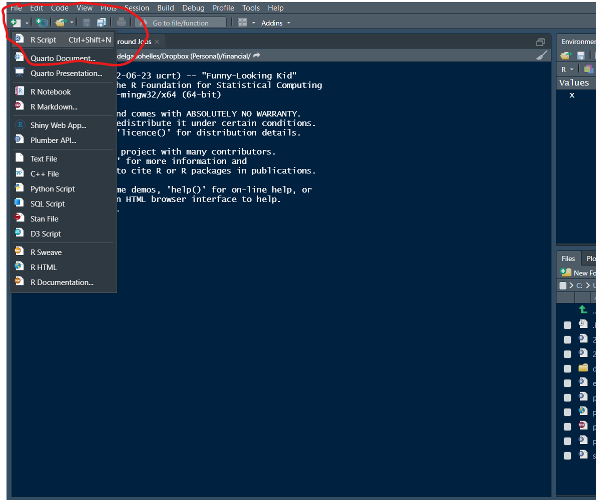 Screen shot of the RStudio console with the option to start a new script highlighted